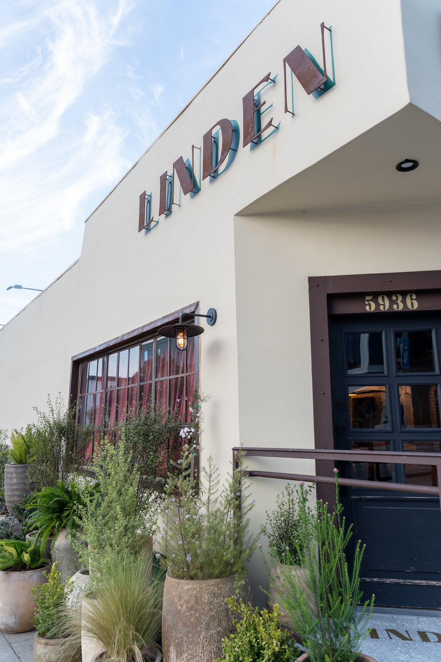 Exterior plant installation by Goodroots in Los Angeles for Linden Restaurant